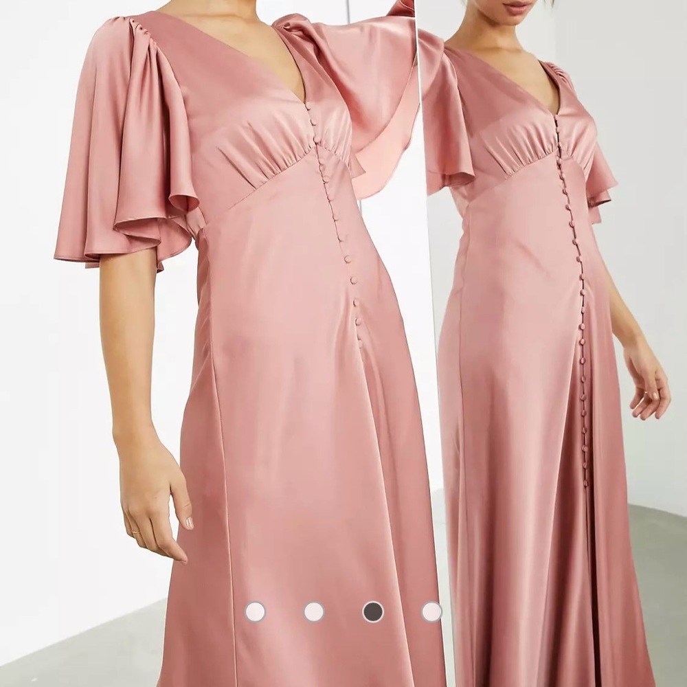 ASOS Bridesmaid satin flutter sleeve maxi dress with button front in dusky rose - Picture 2 of 4